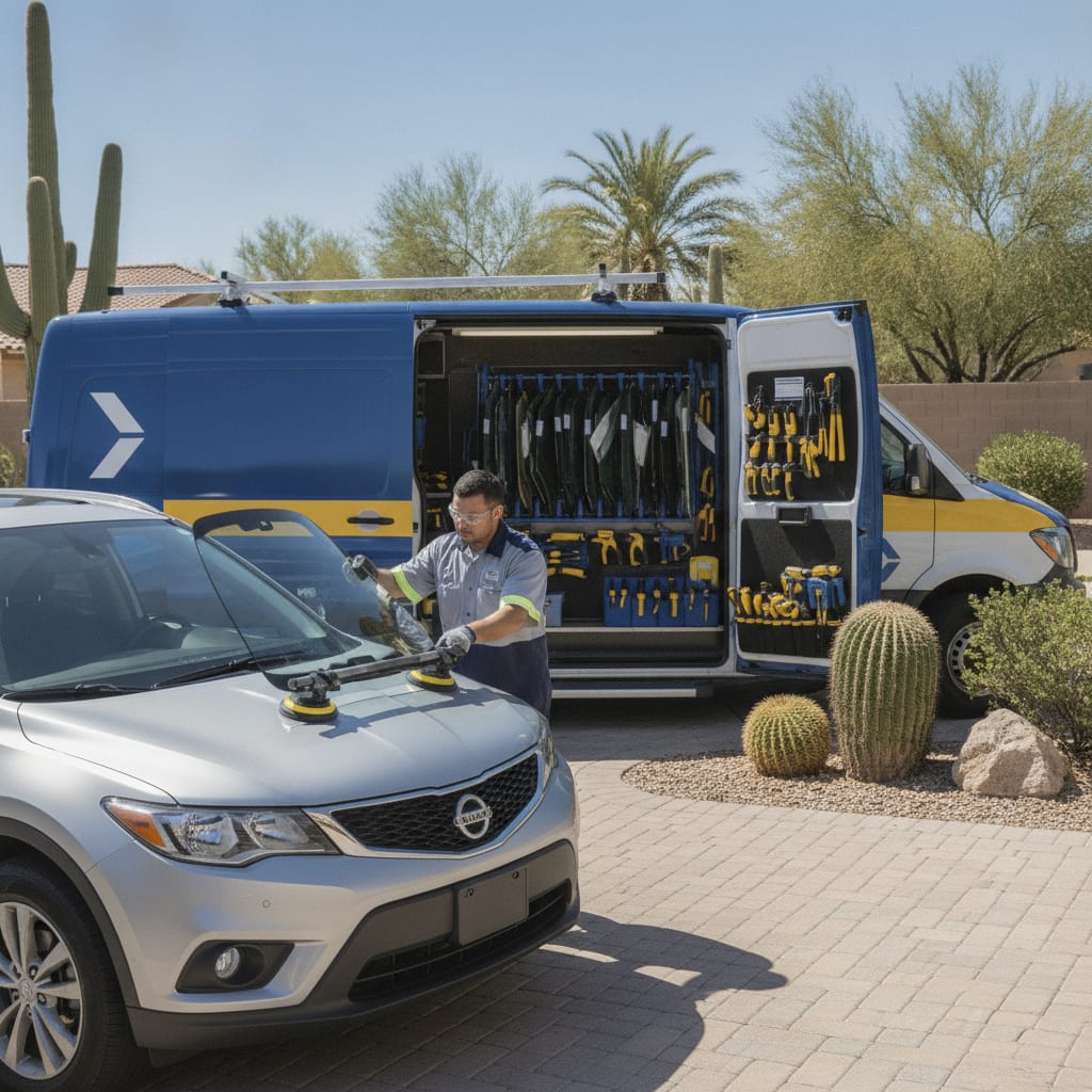 Mobile auto glass technician replacing a windshield in Queen Creek, Arizona